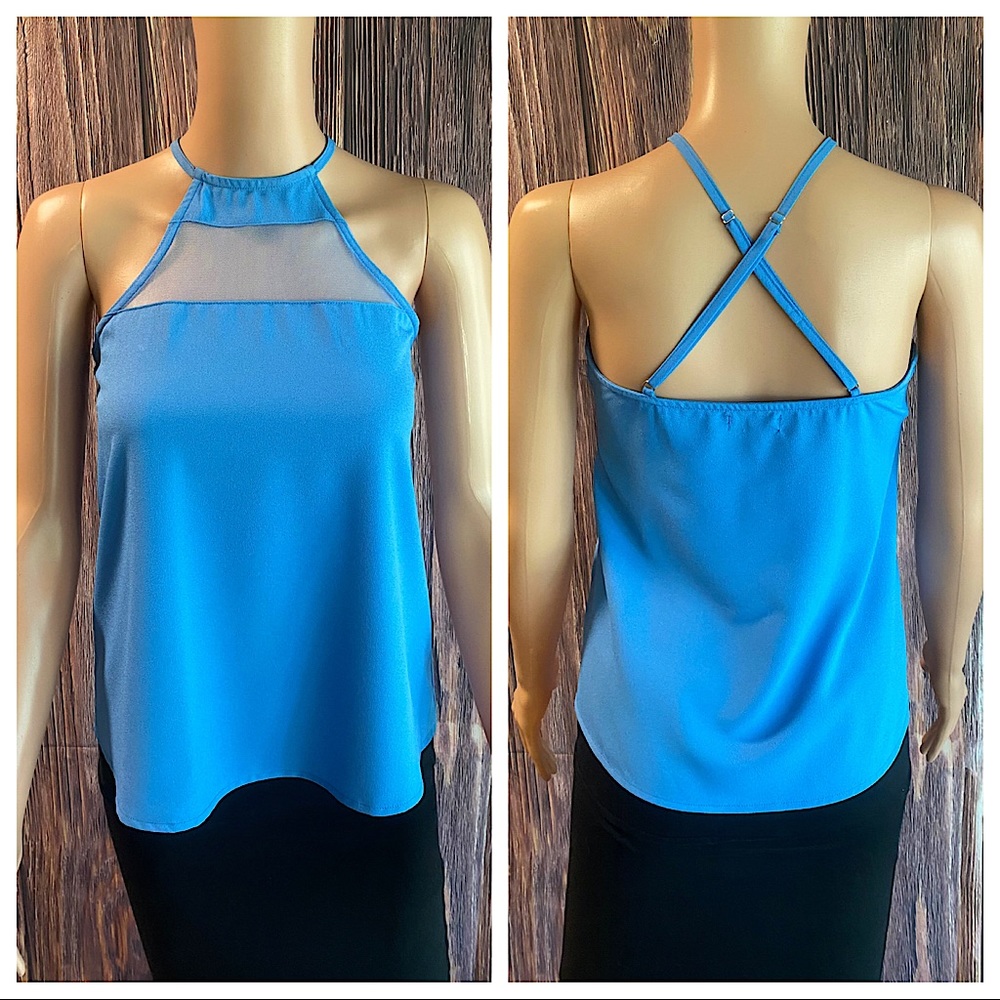TOBI size XS sky blue mesh detail criss cross back tank top summer blouse